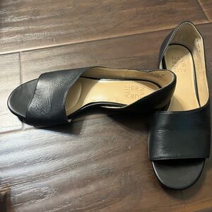 Black leather open toed flats
